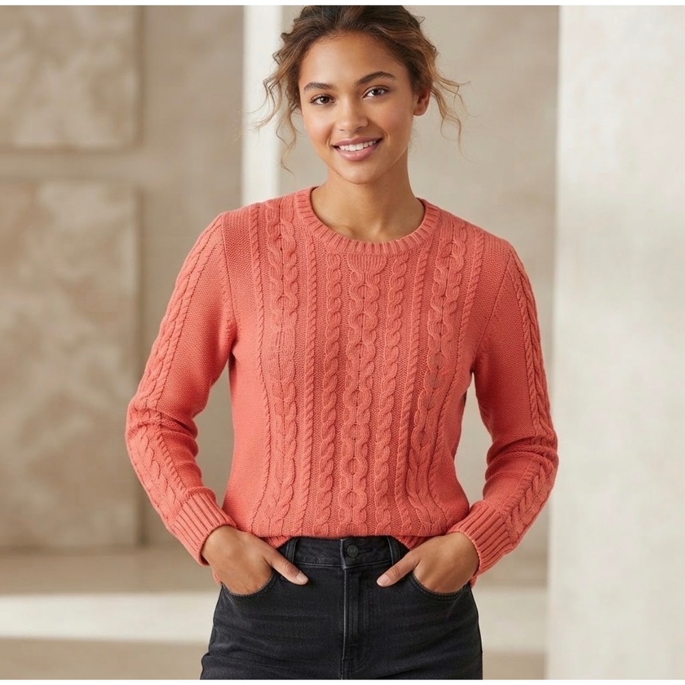 L.L.Bean Cable Knit Sweater Womens Large Coral Pink Long Sleeve Cotton Pullover